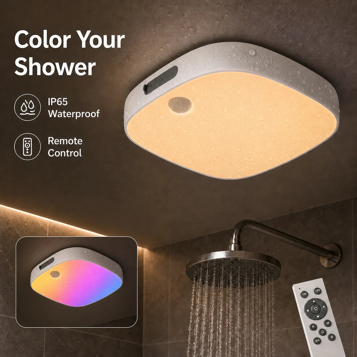 Rechargeable RGB Shower Light with Motion Sensor & Remote