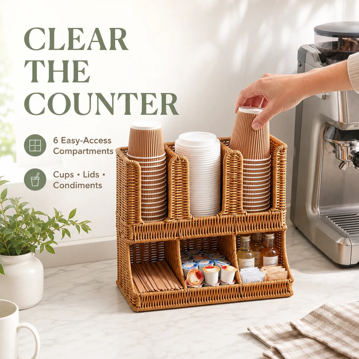 Handwoven Rattan Coffee Cup & Condiment Organizer