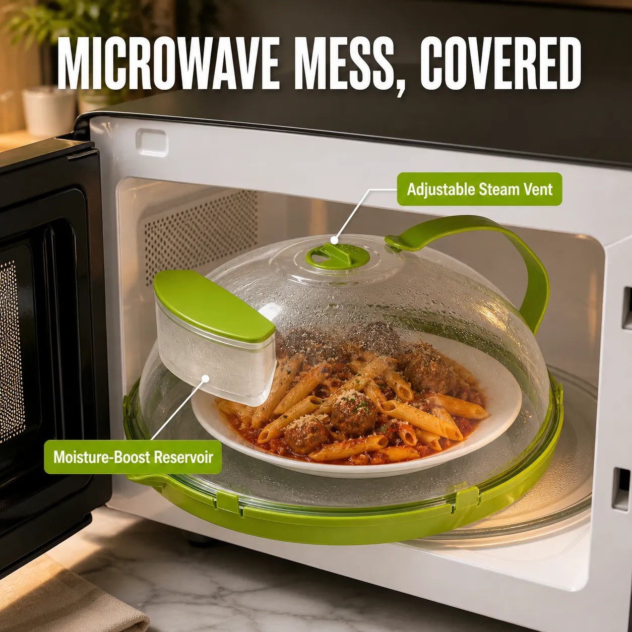 Steam-Control Microwave Splatter Cover with Water Reservoir