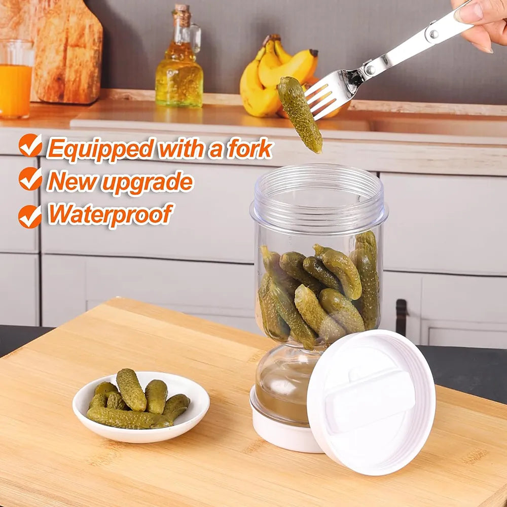🥗Hourglass Pickle Jar with Built-In Fork – Juice Separation Storage Container
