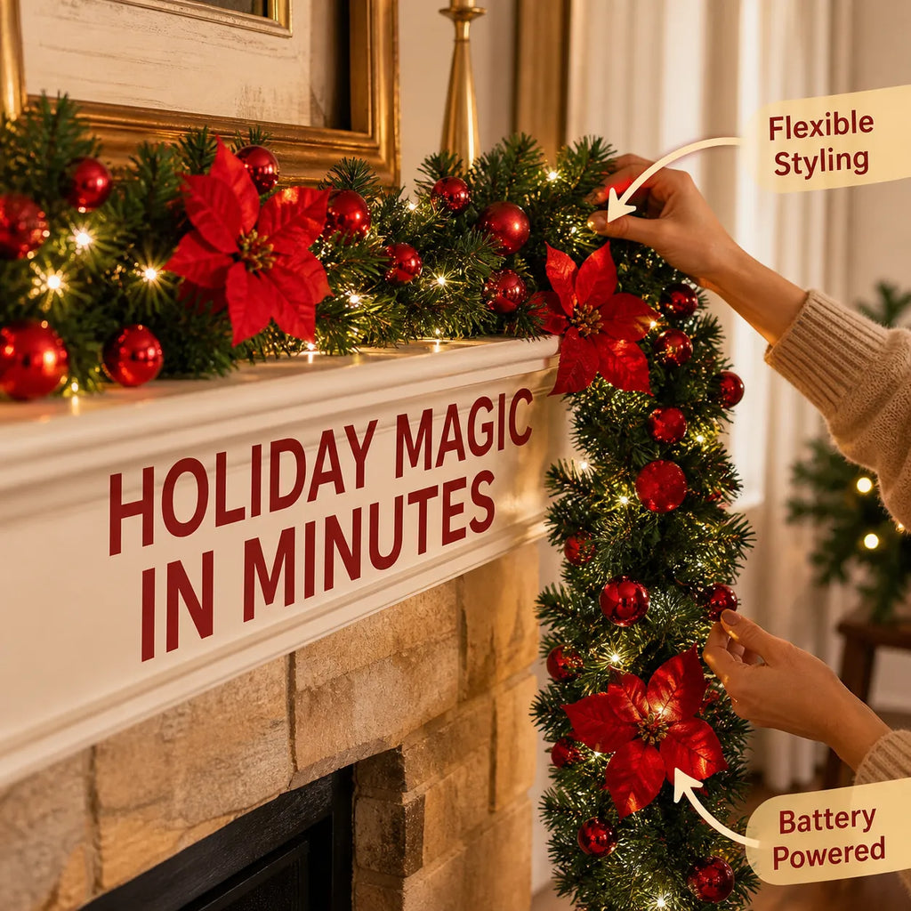 Pre-Lit Christmas Garland with Red Poinsettias & Warm Lights