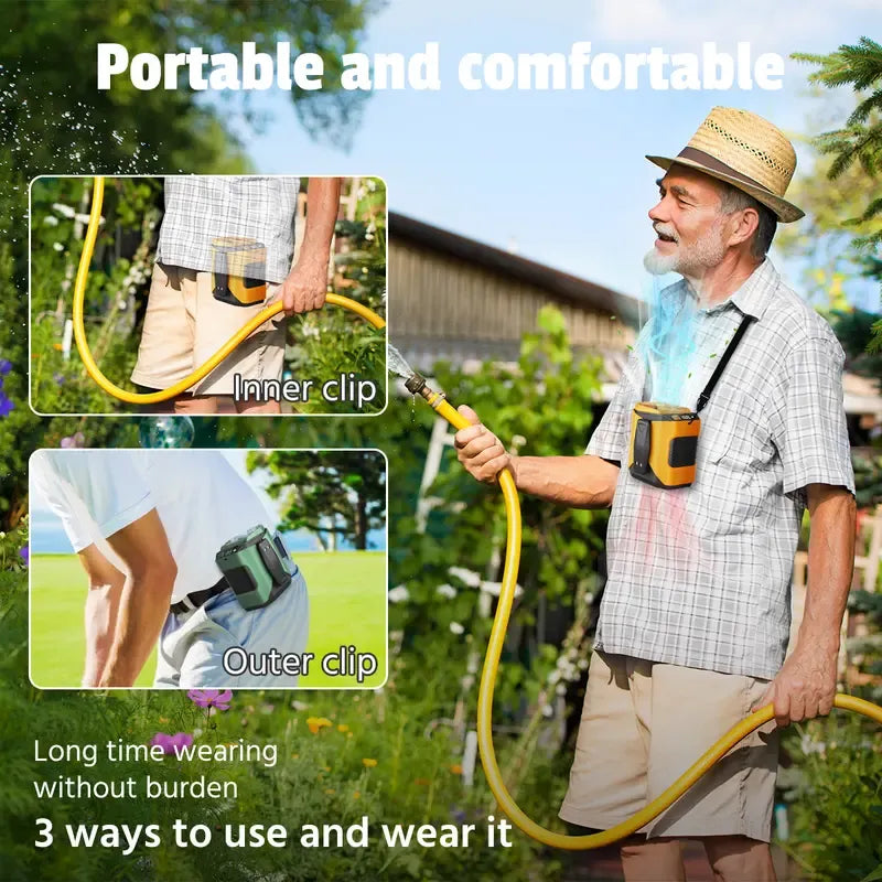4-in-1 Wearable Waist Fan with Power Bank & LED Light – Hands-Free Cooling for Outdoor Work, Camping & Travel
