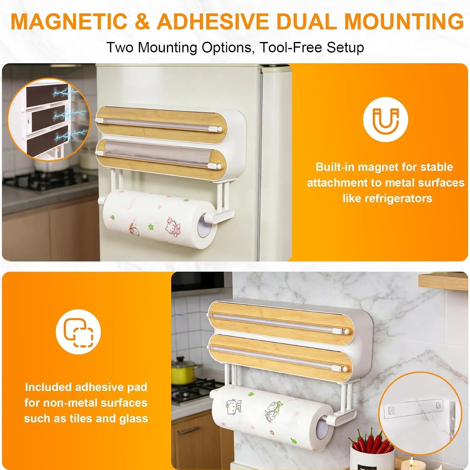 Magnetic and adhesive mounting options for the kitchen wrap station