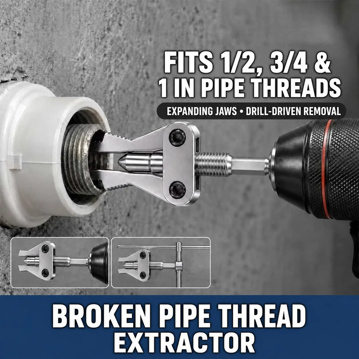 Extractor fits 1/2 inch, 3/4 inch, and 1 inch pipe threads