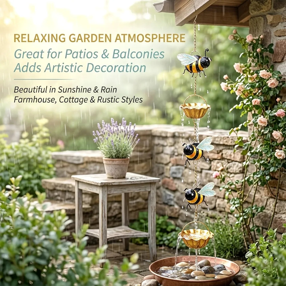 🐝 Whimsical Bee Rain Chain Decor – Hanging Bee Cup Rain Catcher for Gutters & Garden Décor