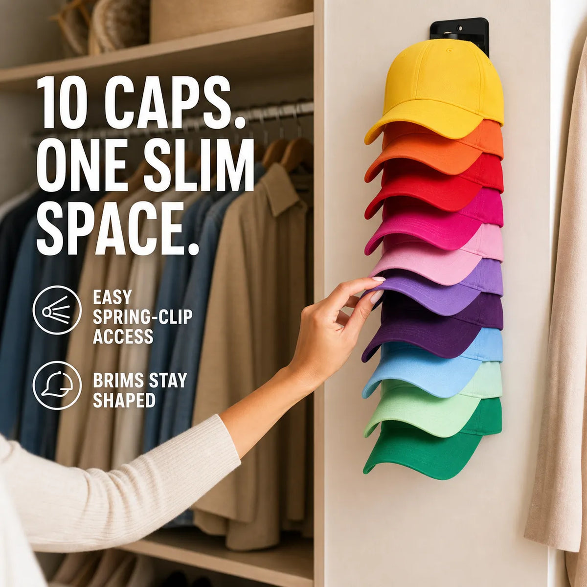 10-Cap Wall-Mounted Spring Clip Organizer