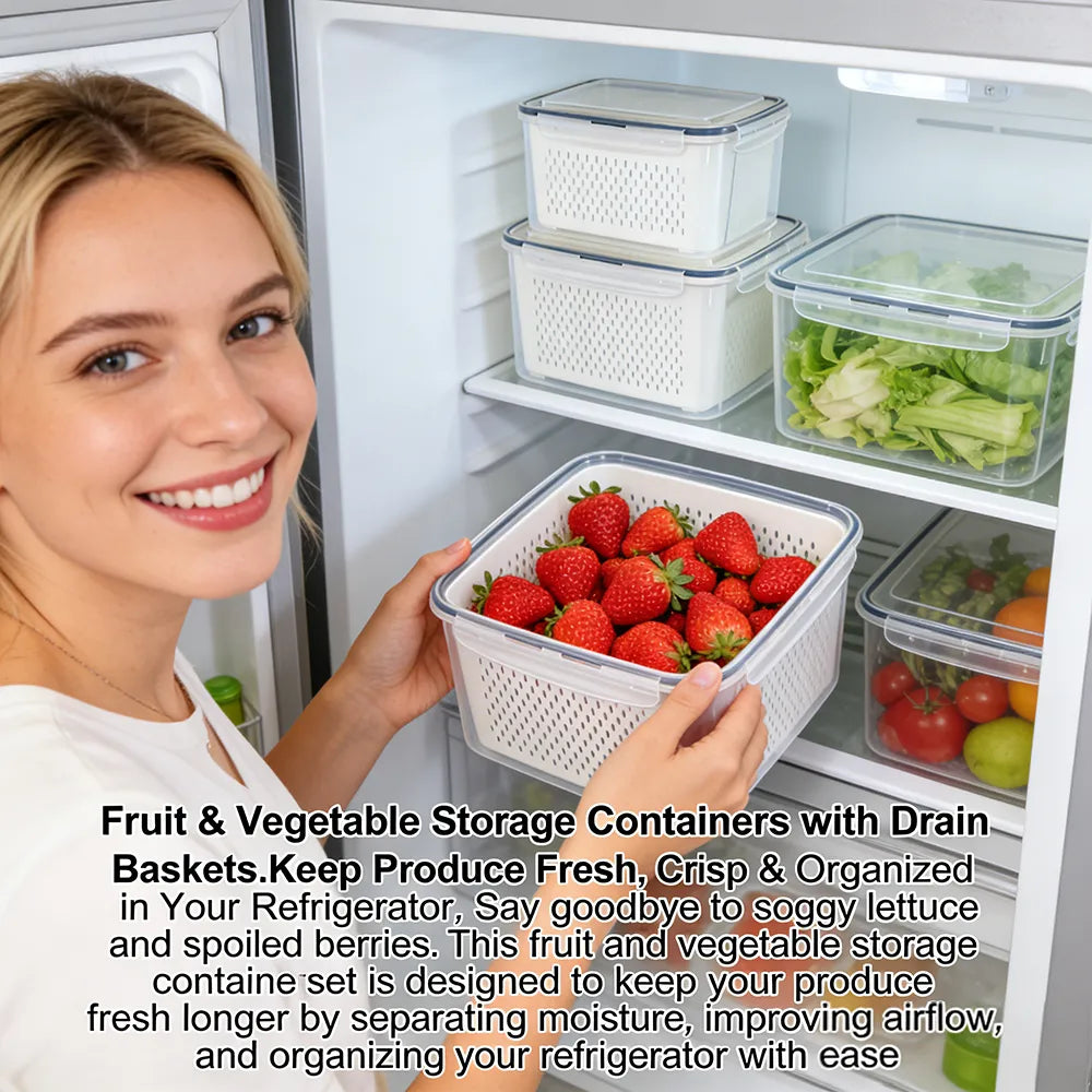 🥬 Fruit & Vegetable Storage Containers with Drain Baskets