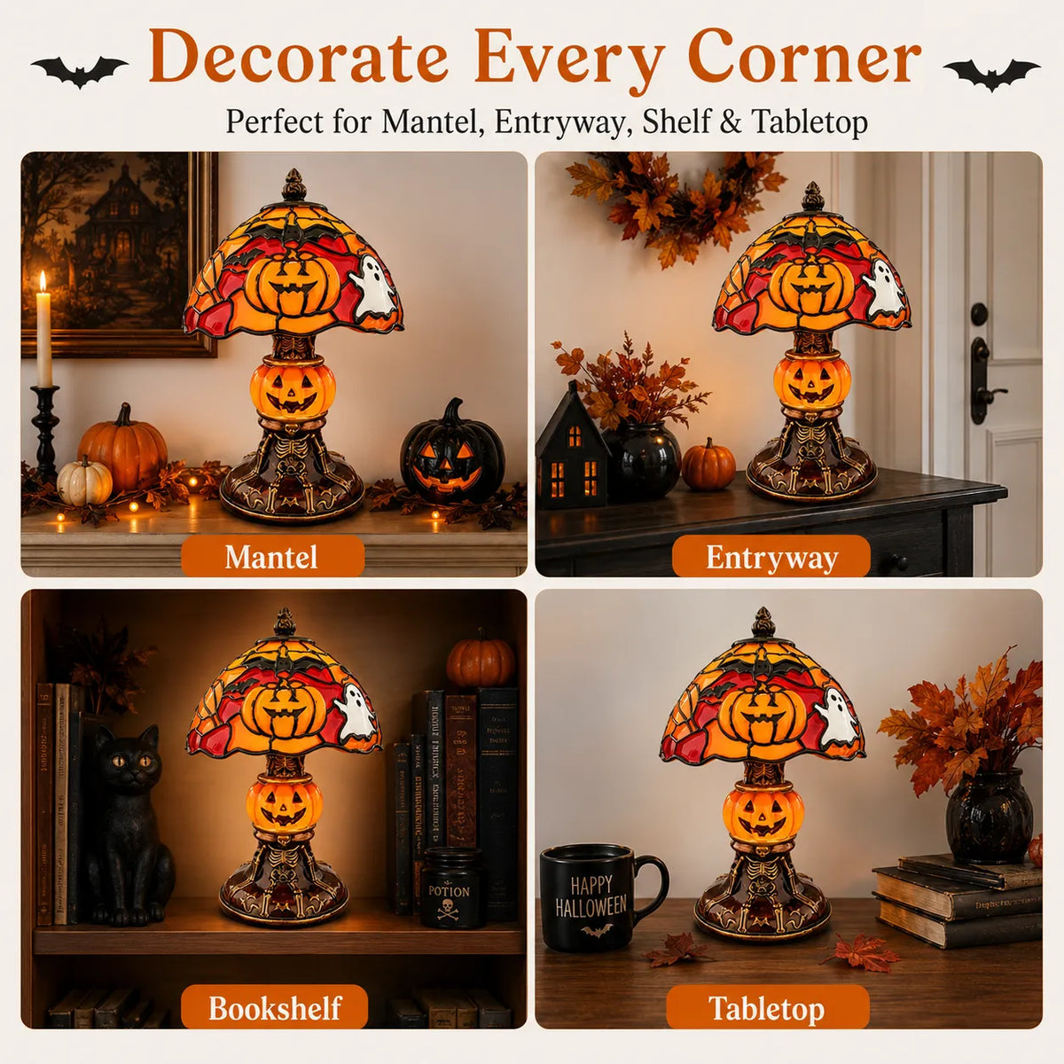 Cozy Halloween Glow Stained-Glass-Style Table Lamp