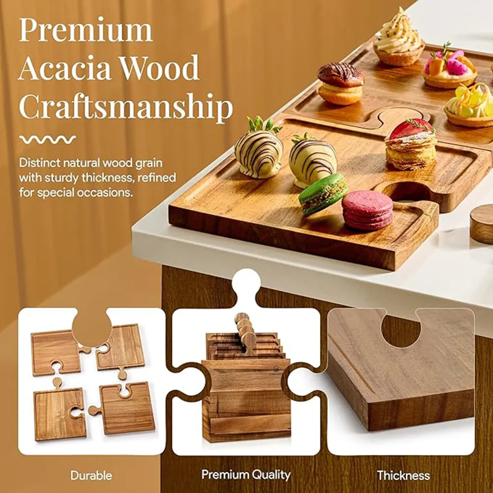 🧩 Acacia Wood Puzzle Charcuterie Board Set