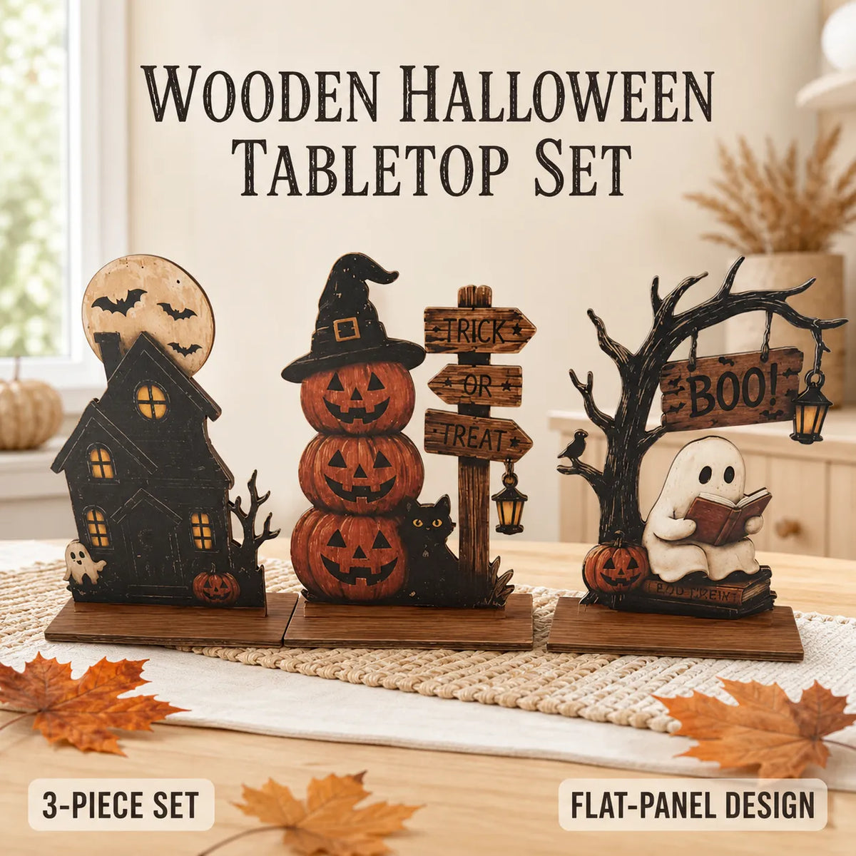 3-Piece Wooden Halloween Tabletop Figurine Set