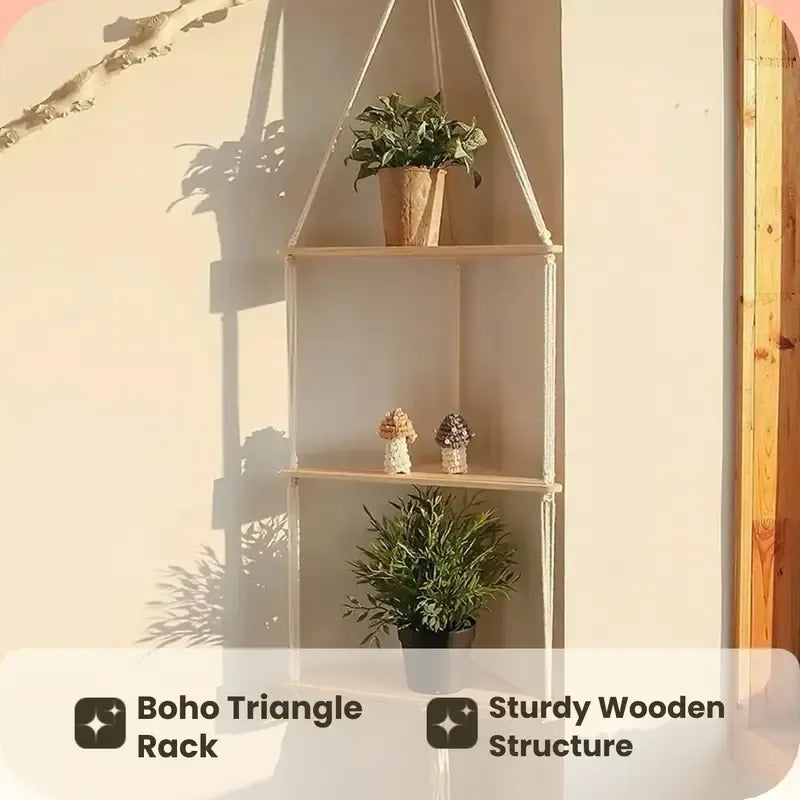 🌿 Boho Wooden Wall Mount Triangle Storage Rack