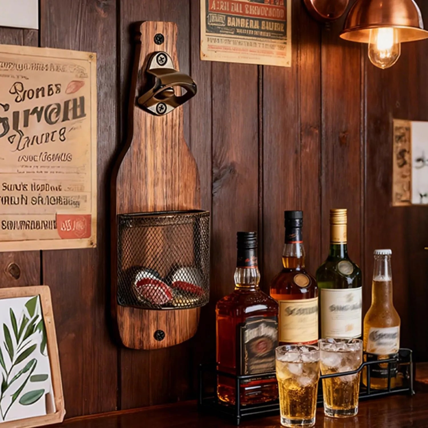 Wall-mounted opener displayed in a rustic entertaining space