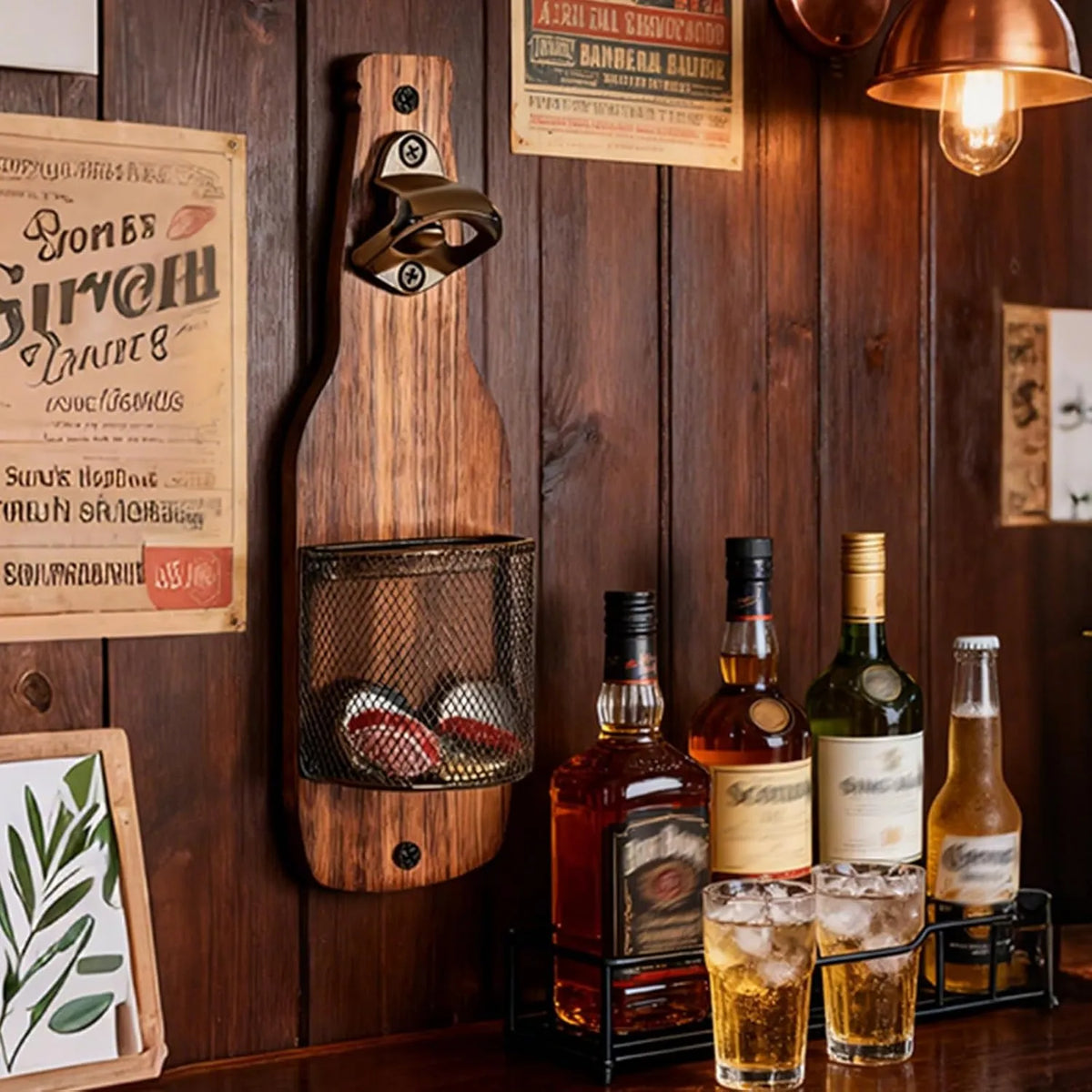 Rustic Wall-Mounted Bottle Opener with Cap Catcher