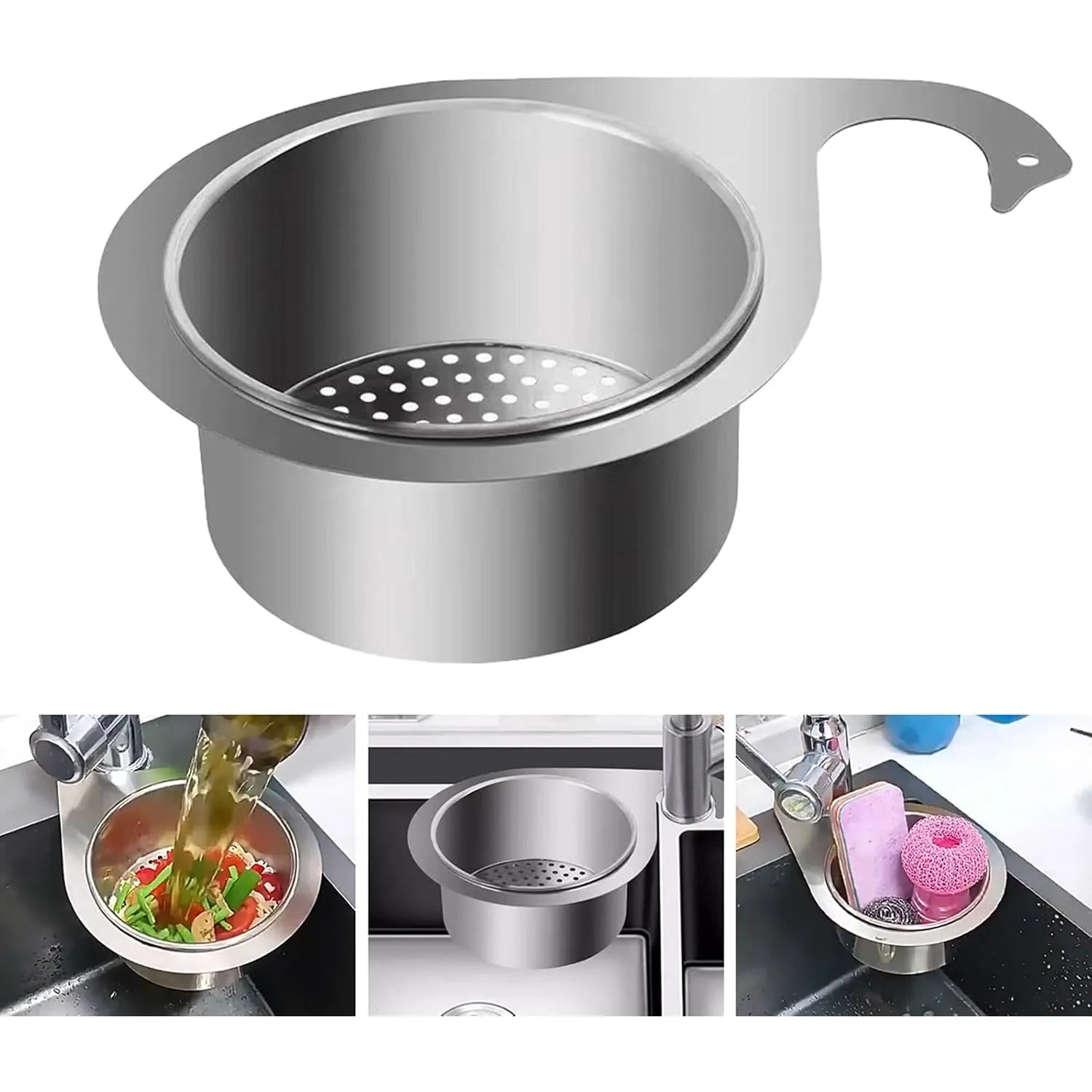 Stainless steel swan-hook sink strainer used for scraps, draining, and sink-side tools