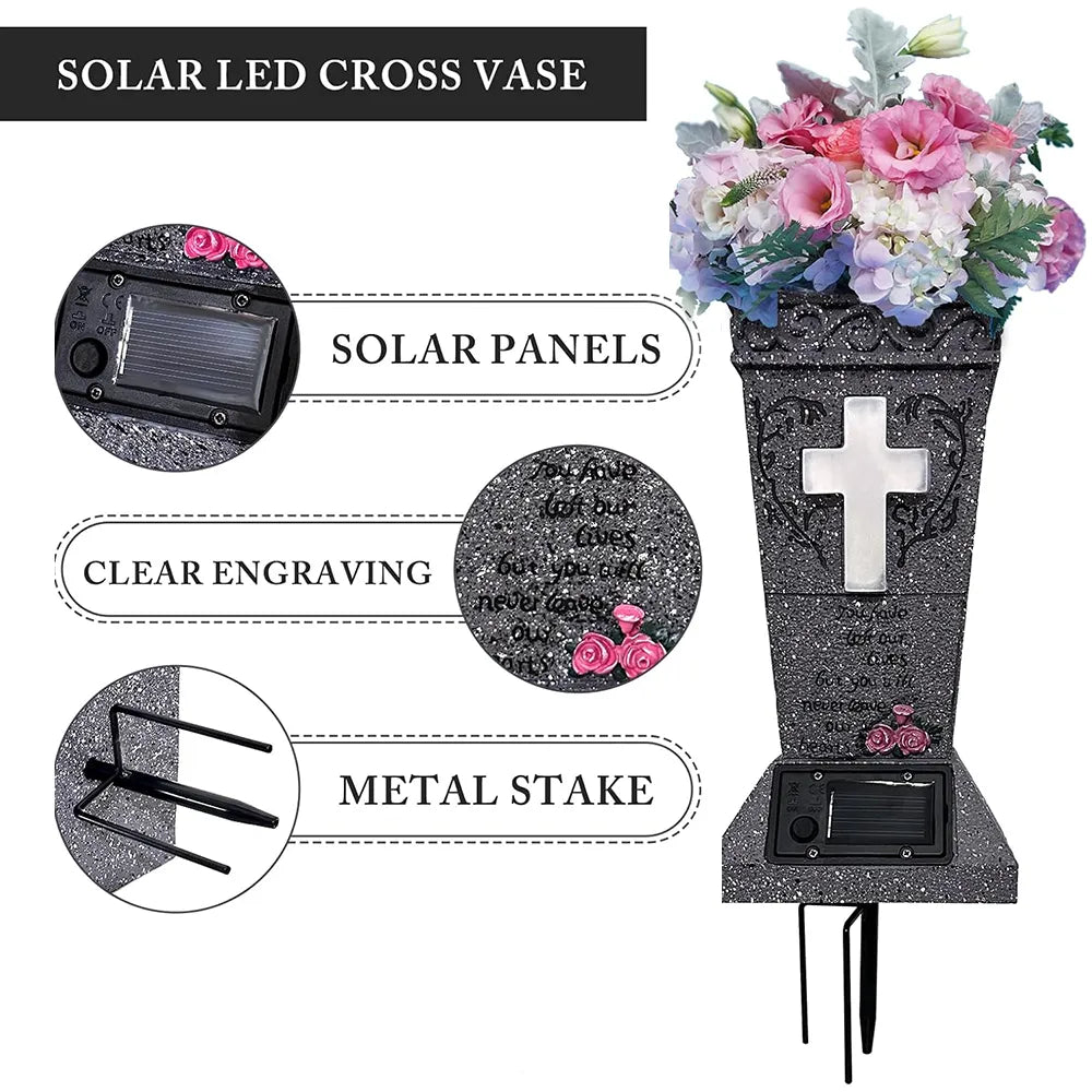 🕊️ Solar Cemetery Vase with LED Cross Light 🌿✨