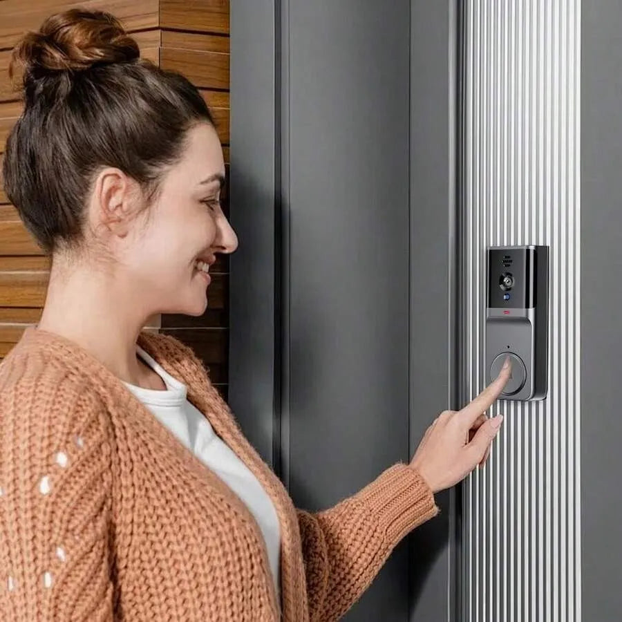 Homeowner using the video doorbell at a front entry