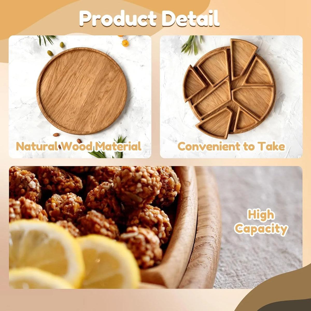 🌿 Divided Wooden Serving Tray with Removable Dividers