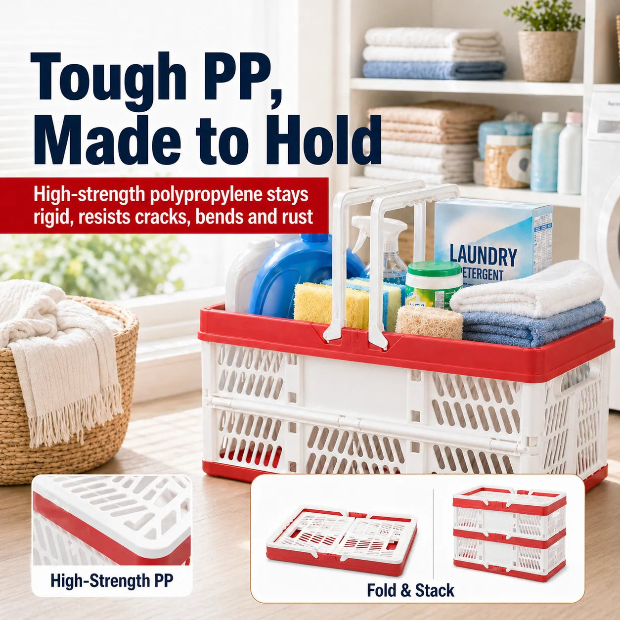 Collapsible Storage Basket – Foldable, Large Capacity, Heavy-Duty PP Plastic