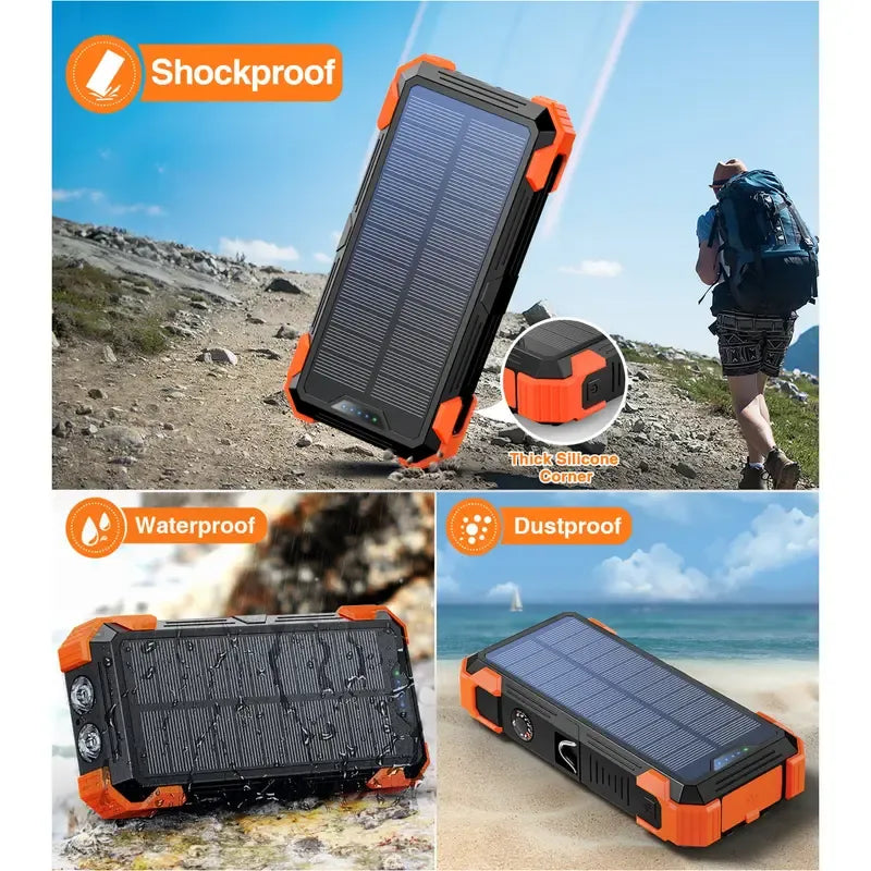 20000mAh Solar Power Bank with Wireless Charging, Dual Flashlights, Laser Pointer & 7-Device Output – Waterproof & Shockproof for Outdoor Use