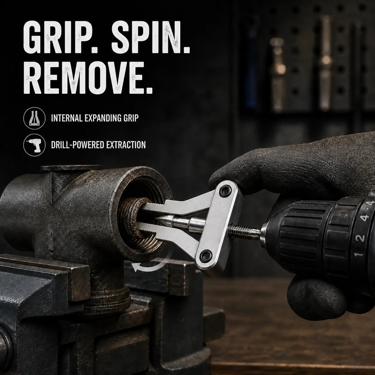 Drill-Powered Broken Pipe Thread Extractor