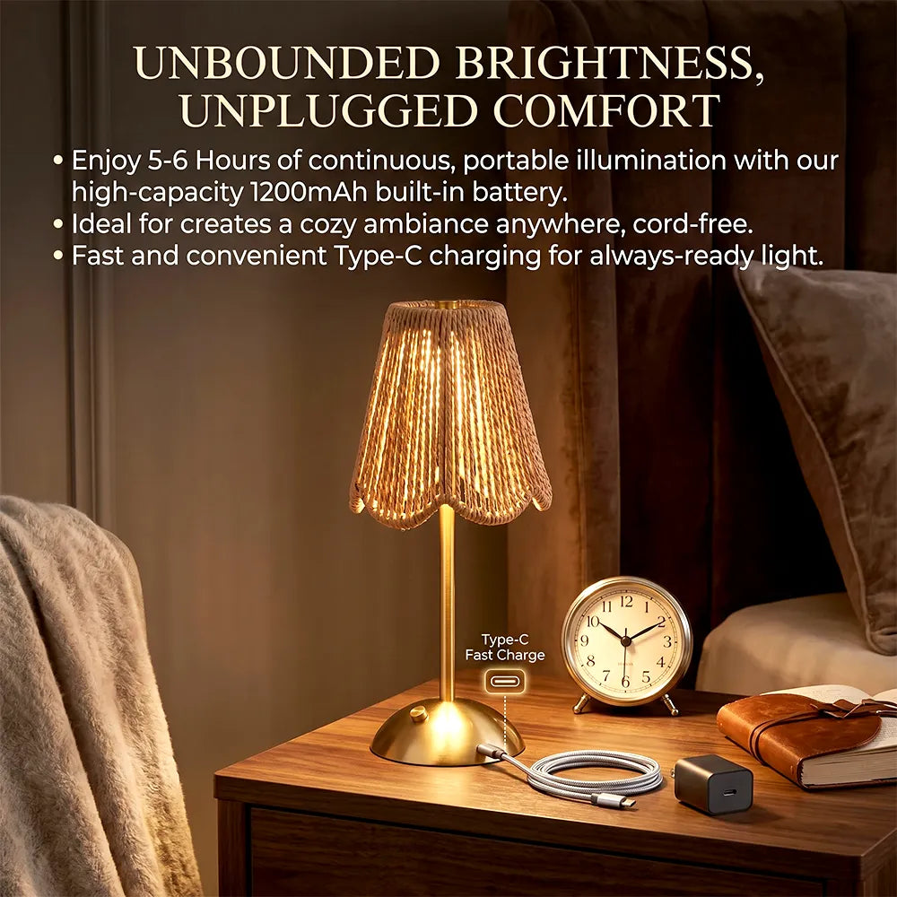 🌿Cordless Rattan Table Lamp – Rechargeable Boho LED Bedside Lamp
