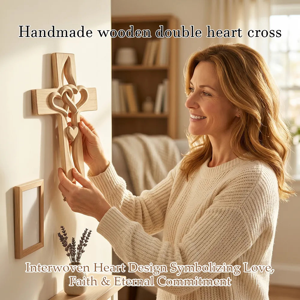 ✝️ Handmade Wooden Double-Heart Cross Wall Decor