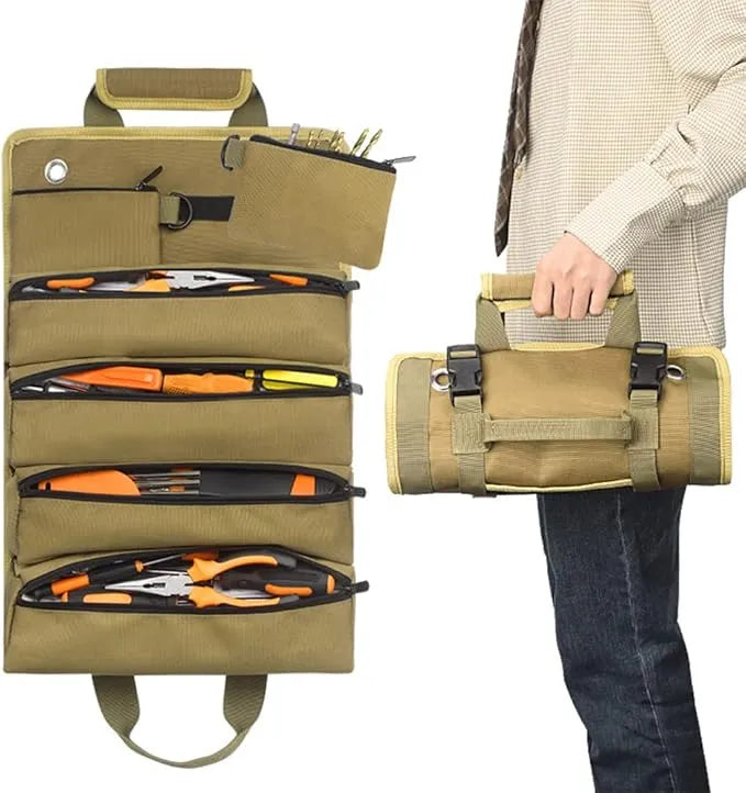 🧰 Portable Roll-Up Tool Bag Organizer – Heavy-Duty Canvas with 6 Compartments