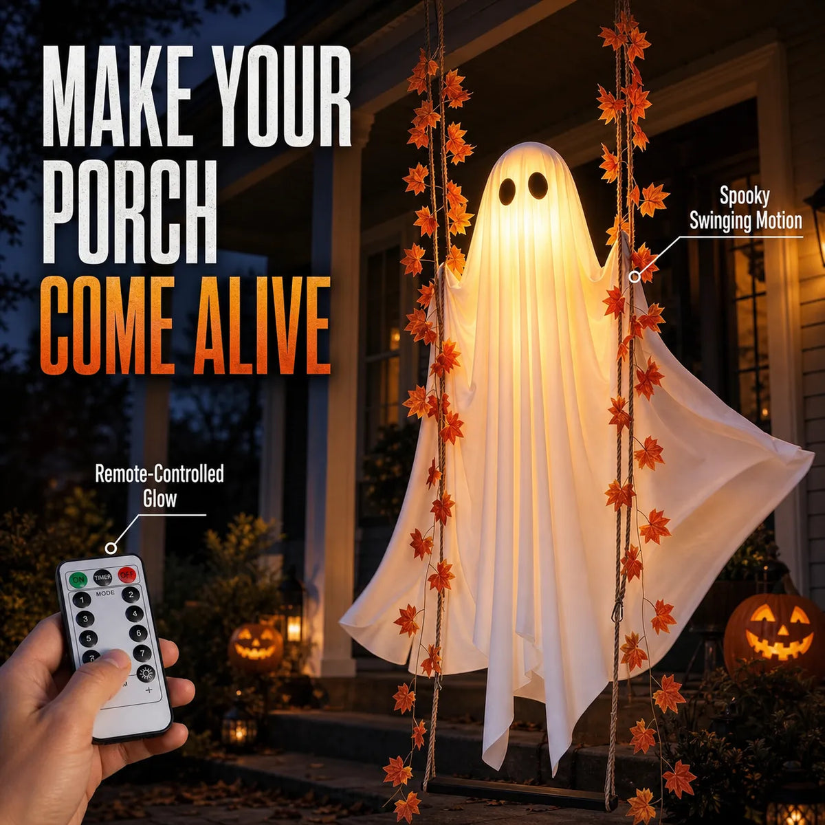 Light-Up Swinging Ghost with Maple Leaves & Remote-Controlled LED