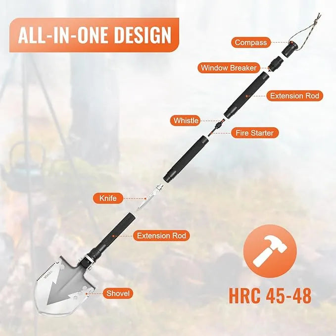 Ultimate All-in-One Folding Shovel Kit – Knife, Fire Starter, Compass & More for Outdoor Adventures