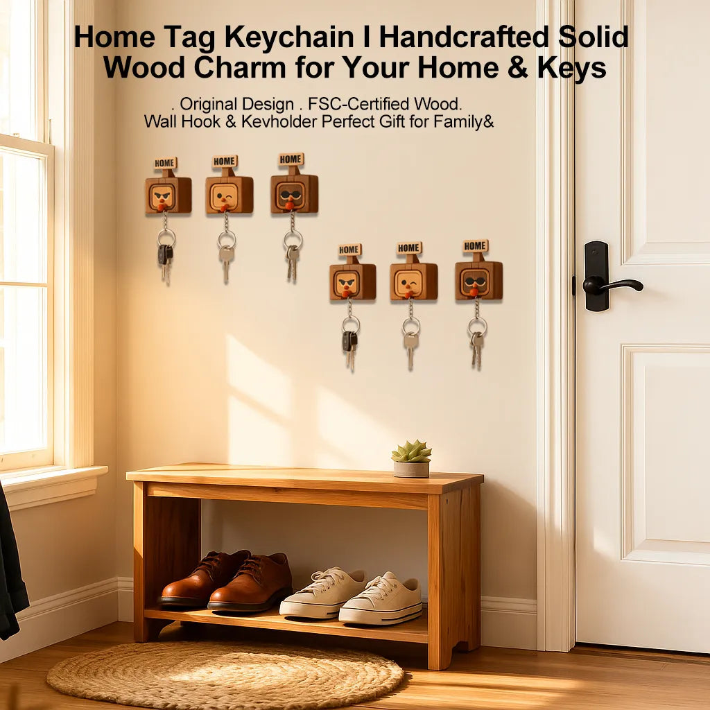 🏡 Home Tag Keychain Set — Solid Wood Key Holder & Wall Mount Hook