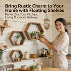 Set of 3 Hexagonal Floating Shelves – Rustic Honeycomb Wall-Mounted Storage Shelves-Perfect for Your Bedroom, Living Room, Hallway, or Office Decor