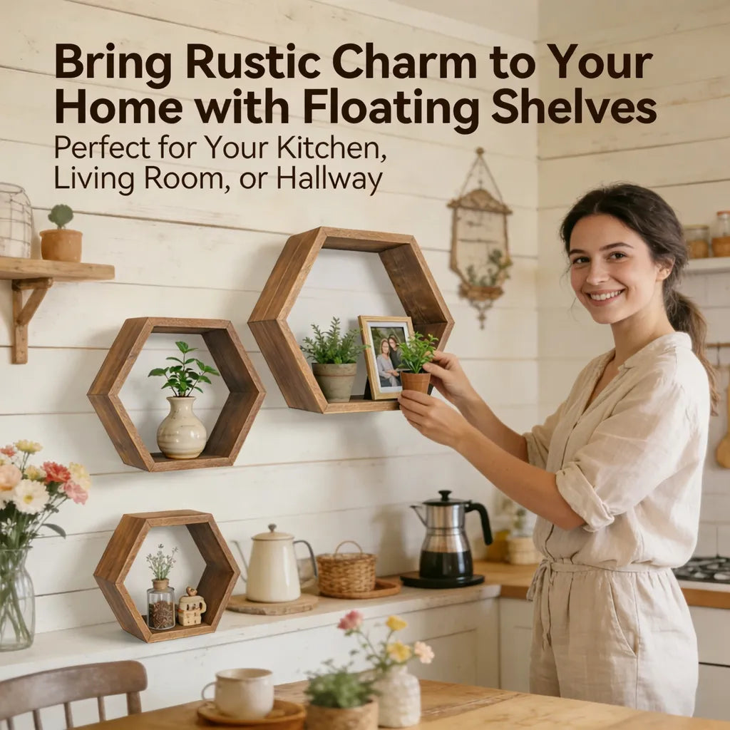 Set of 3 Hexagonal Floating Shelves – Rustic Honeycomb Wall-Mounted Storage Shelves-Perfect for Your Bedroom, Living Room, Hallway, or Office Decor