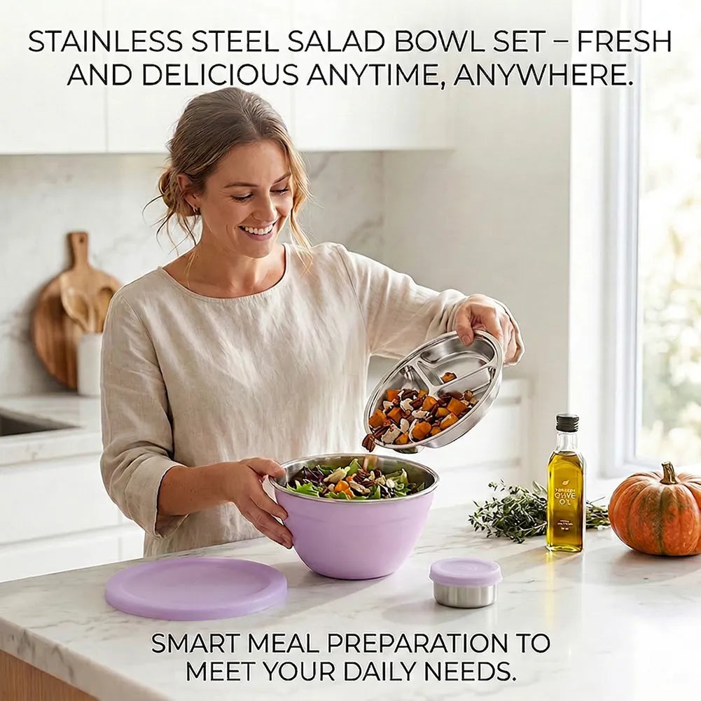🥗 Stainless Steel Salad Bowl Set – Fresh Meals, Anytime Anywhere