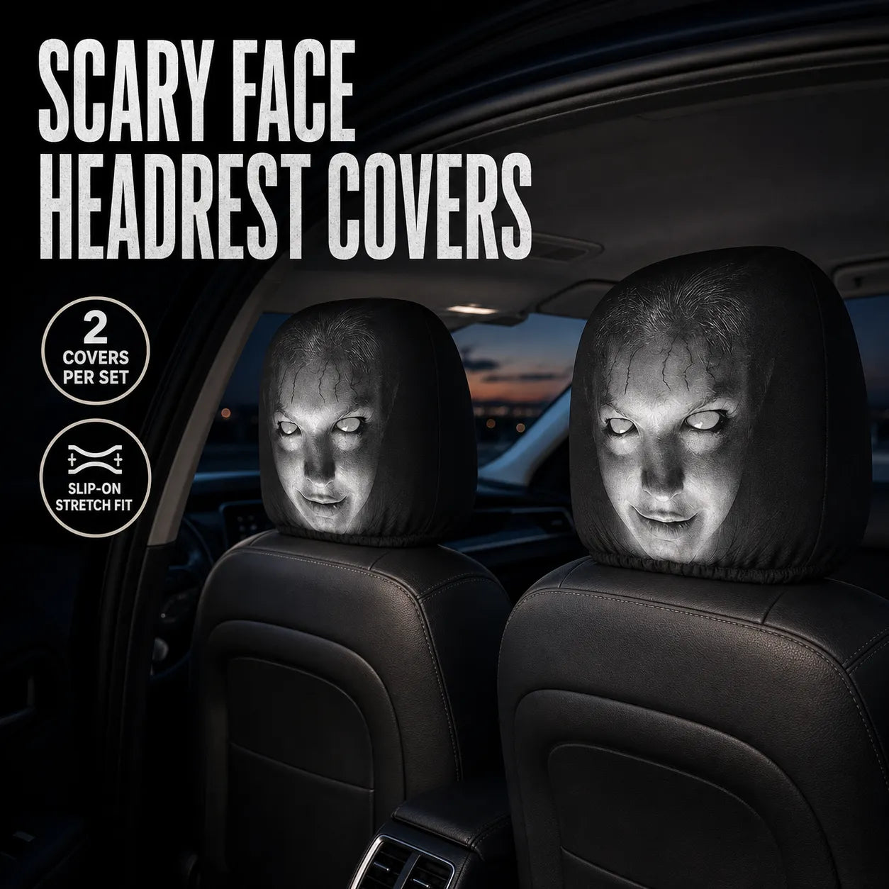 Scary Face Car Headrest Covers — 3 Slip-On Horror Designs