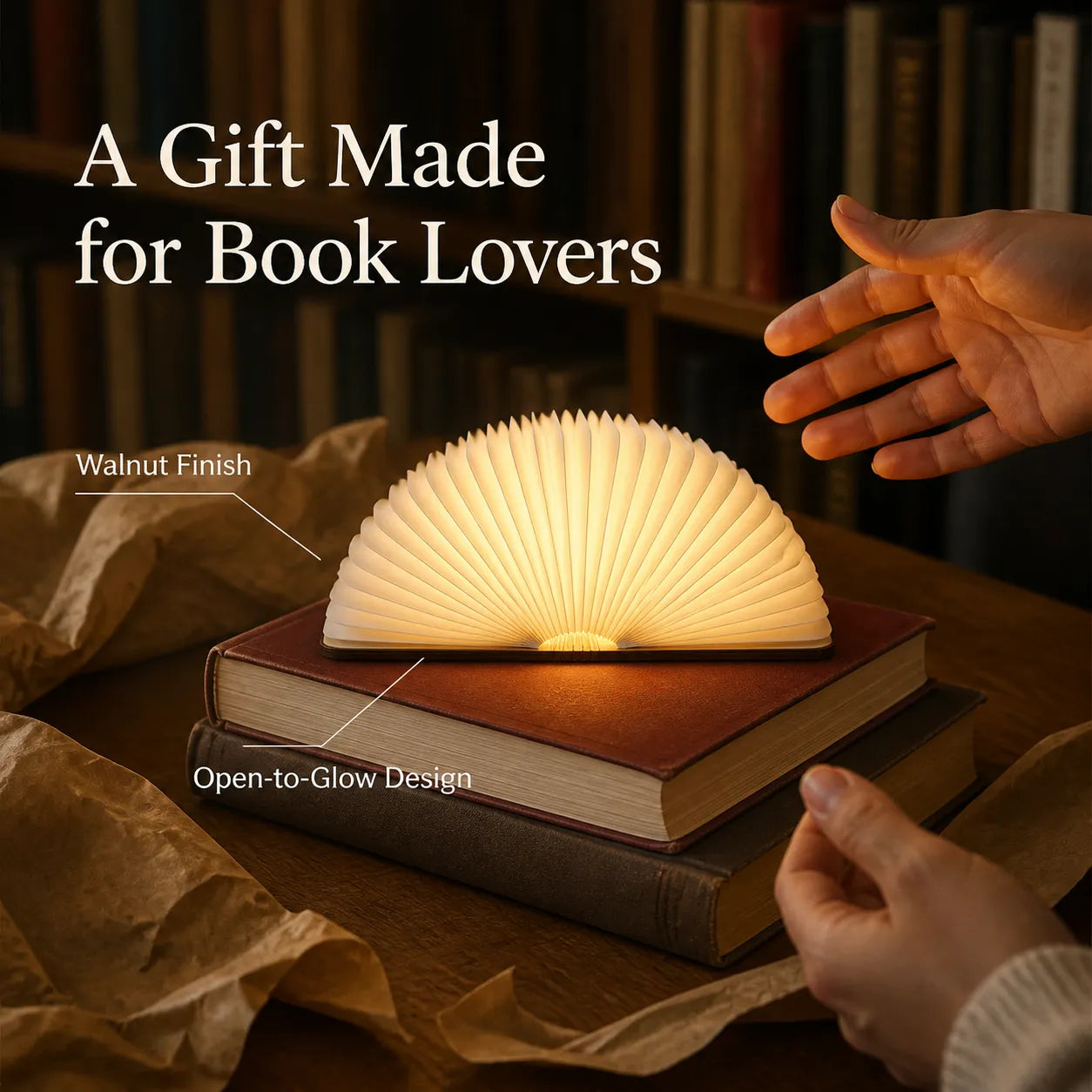 Open-to-Glow Walnut Folding Book Light