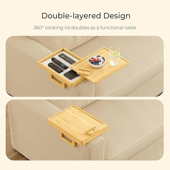Adjustable Couch Armrest Tray Table with 360° Rotating Stand & Hidden Storage