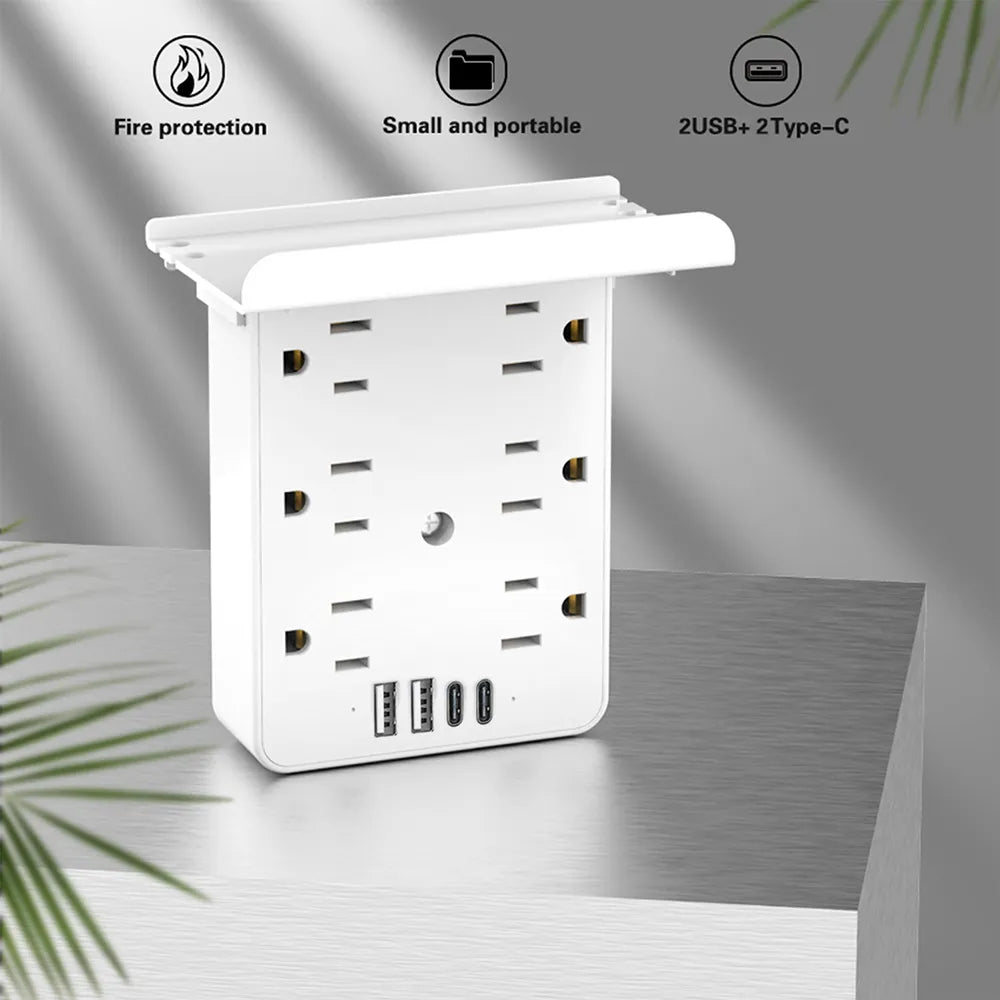 ⚡Multi-Functional Wall Outlet Extender with Shelf – 6 AC Outlets & 4 USB Charging Ports
