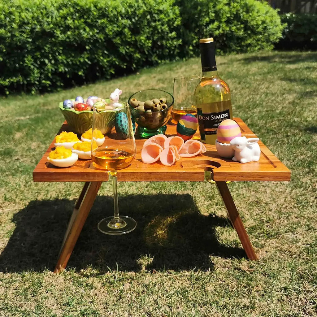 🍷 Portable Bamboo Picnic Table with Wine Glass Holders