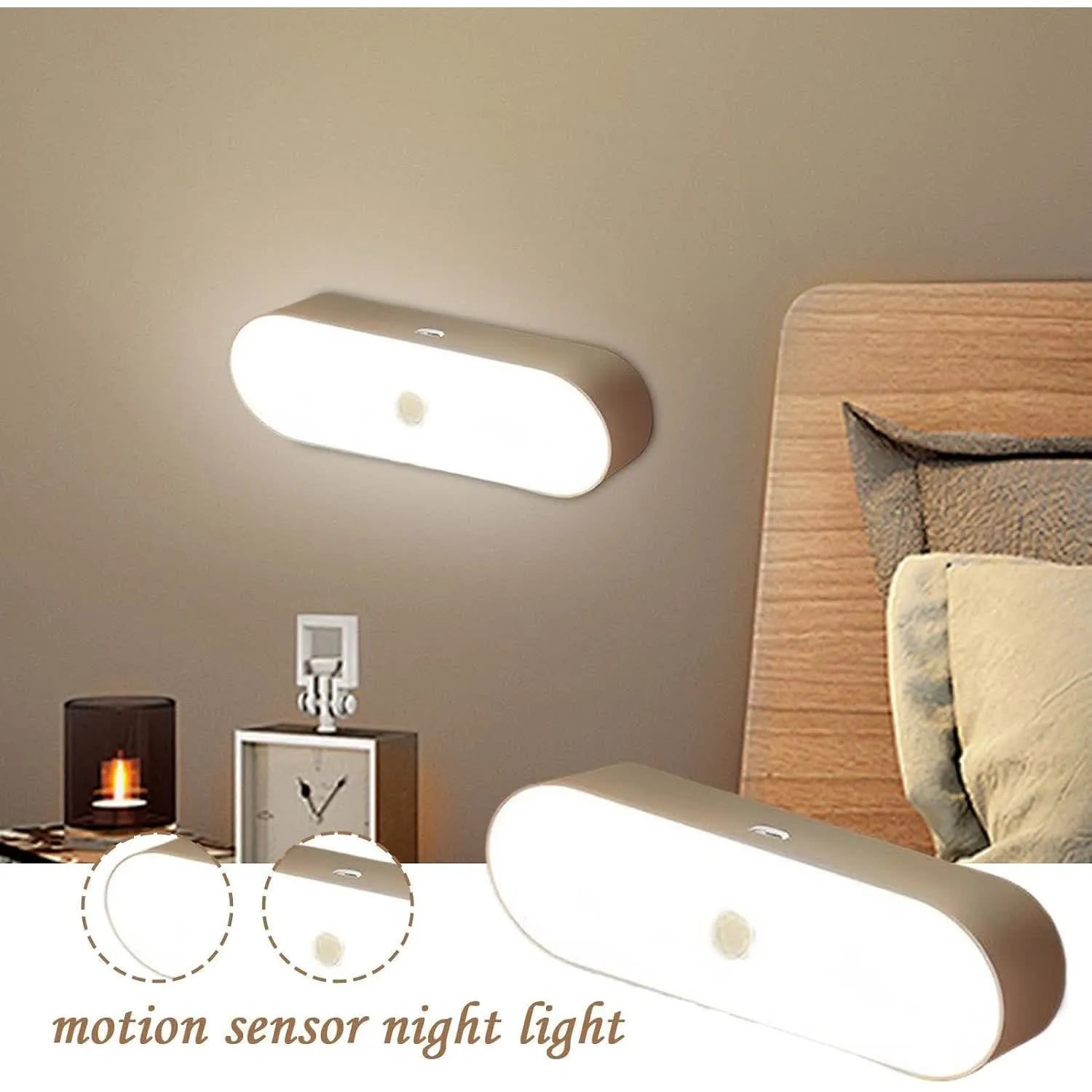 Motion sensor night light mounted beside a bed