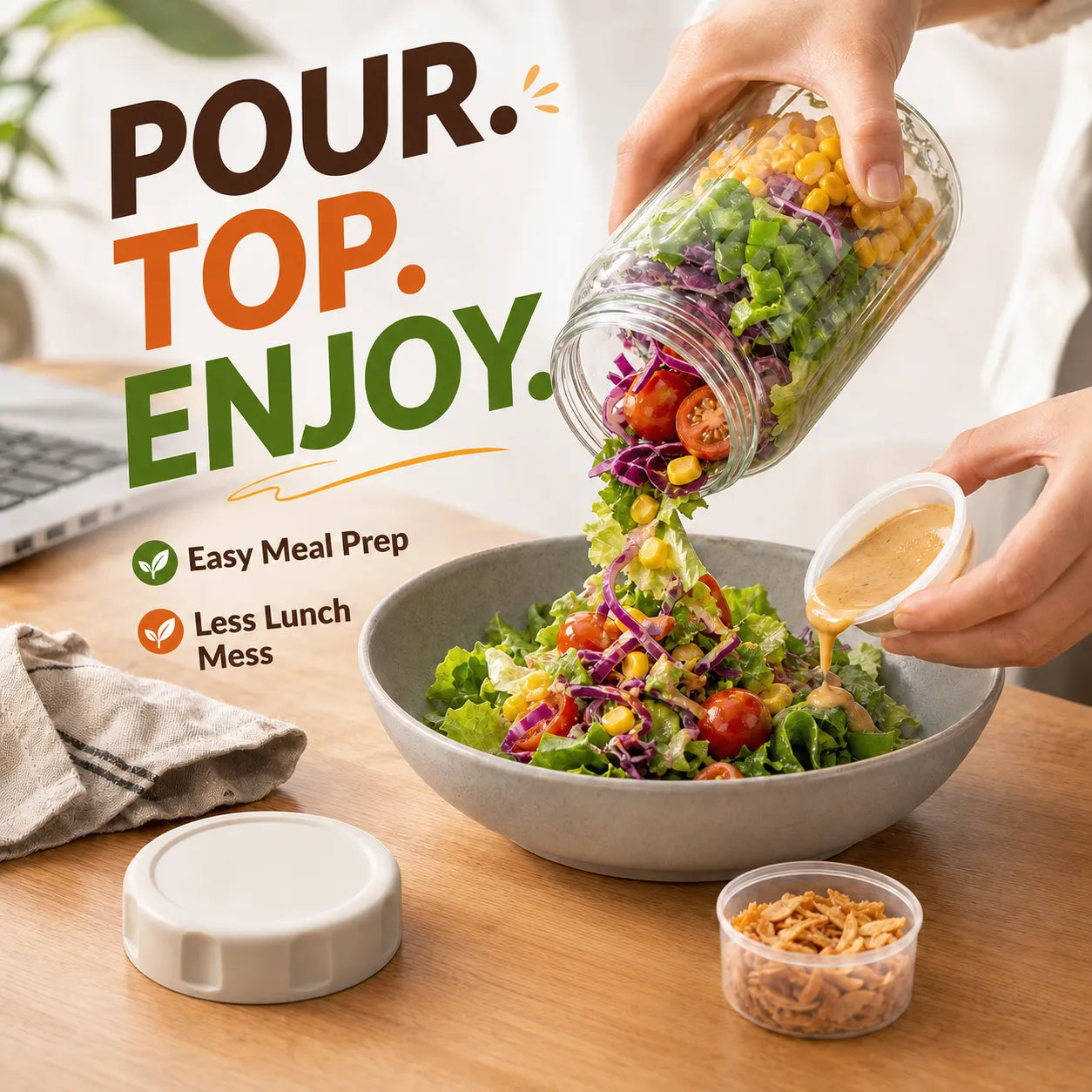 Layered Glass Salad Jar with Separate Dressing & Topping Cups