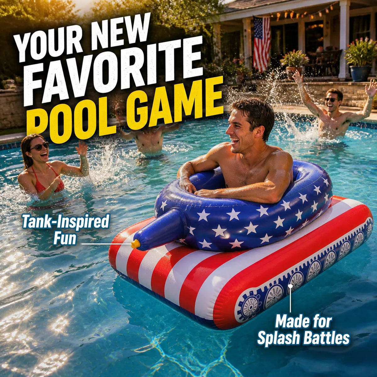 Patriotic Inflatable Pool Tank with Built-In Water Cannon