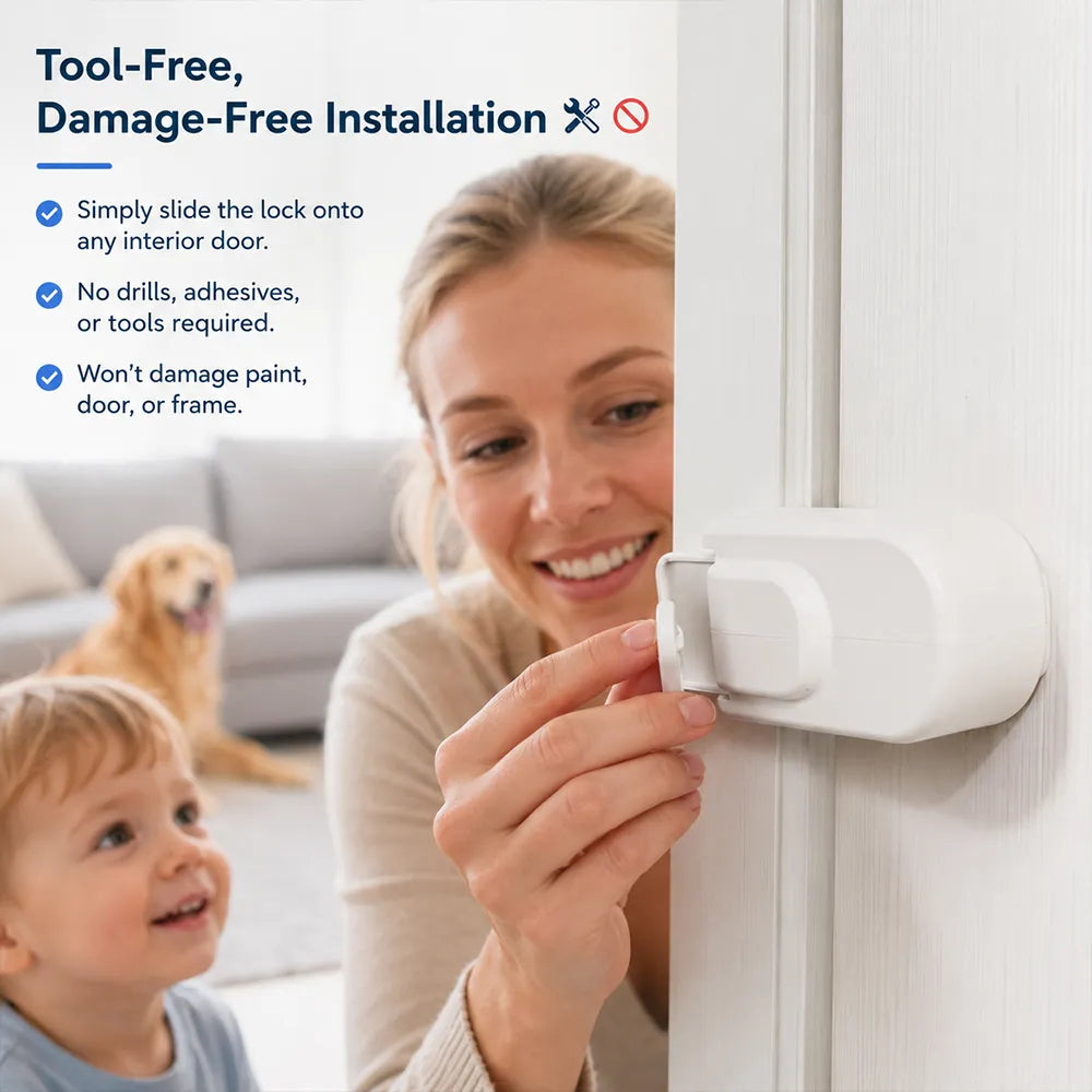 The Snap-On Door Lock Kids Can't Reach or Defeat – No Tools or Adhesives Required