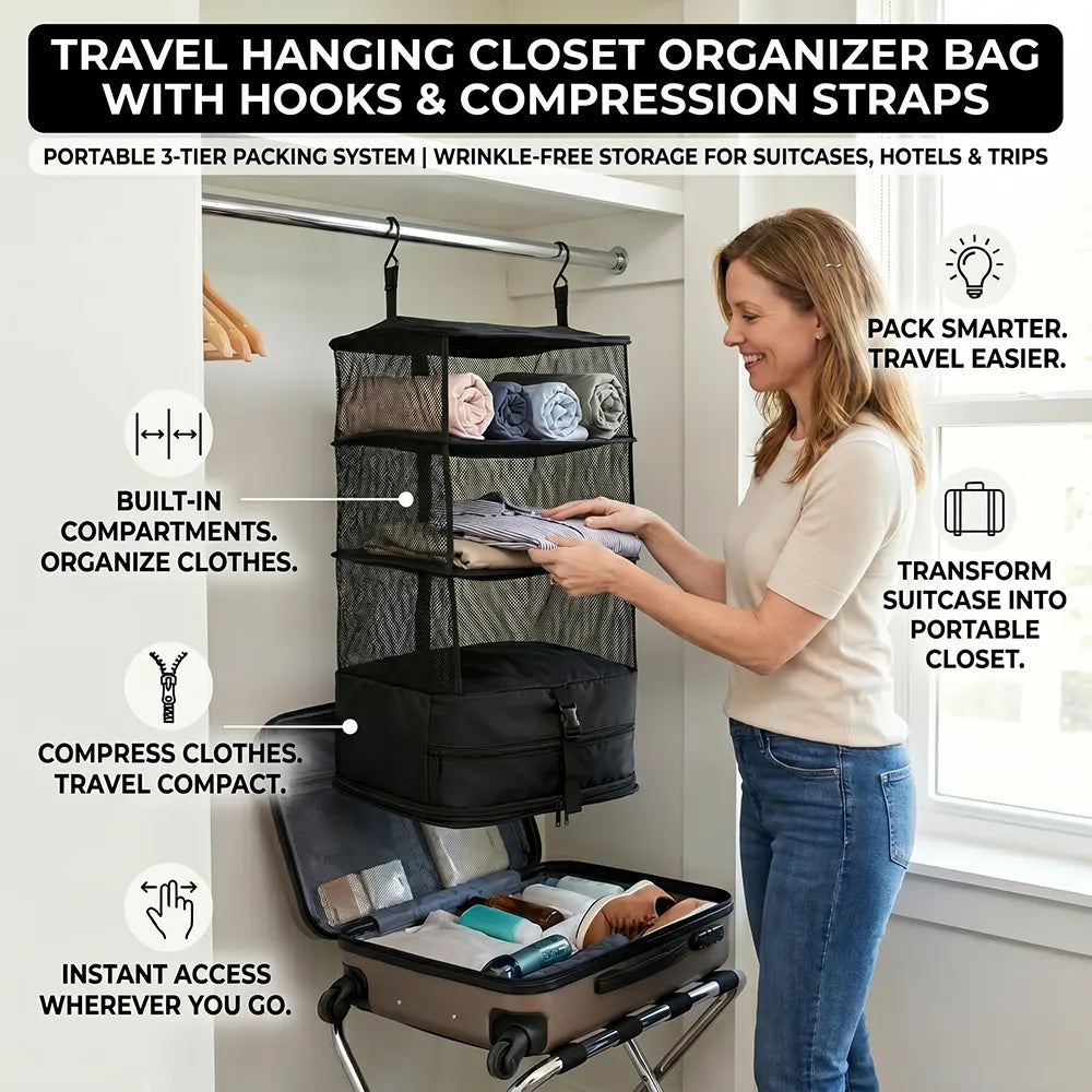 🧳 Travel Hanging Closet Organizer Bag with Hooks & Compression Straps