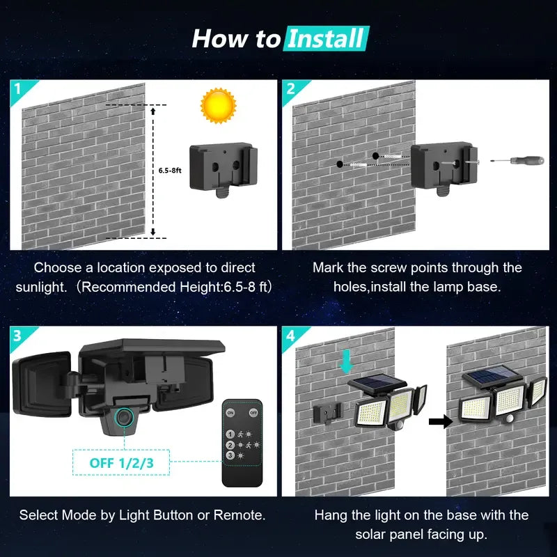 "Ultra-Bright 210 LED Solar Motion Sensor Light – 1000LM, 3 Adjustable Heads, Remote Control, IP44 Waterproof for Outdoor Security"