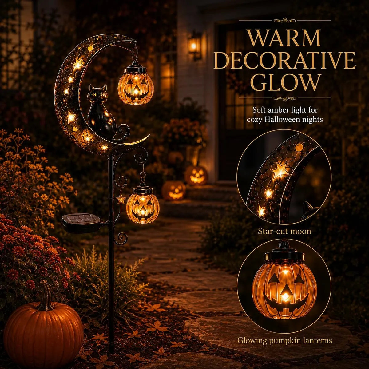 Solar Pumpkin Moon Garden Stake Light with Black Cat