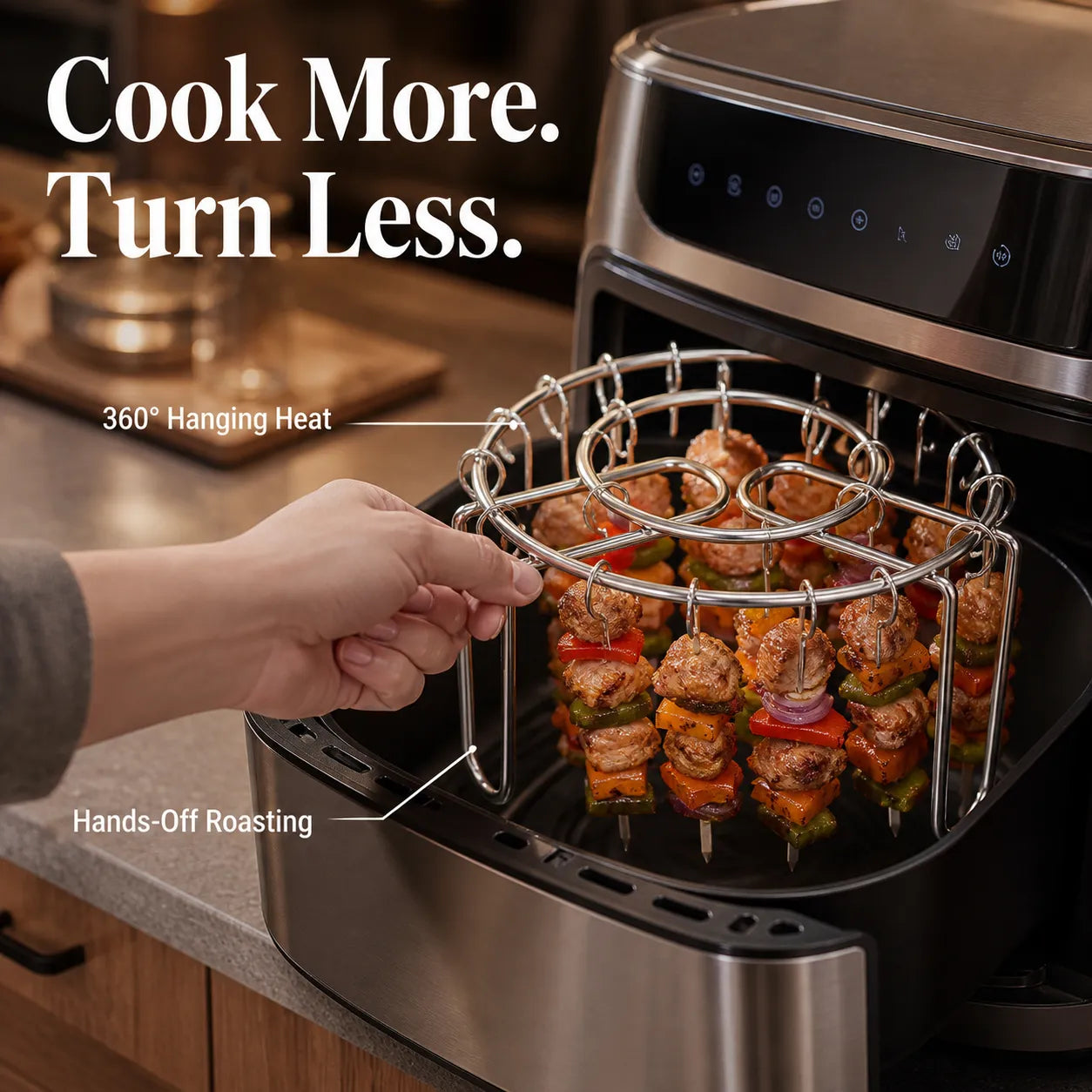 Stainless steel hanging skewer rack used inside an air fryer