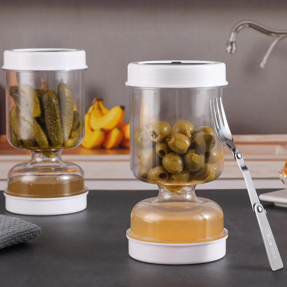 🥗Hourglass Pickle Jar with Built-In Fork – Juice Separation Storage Container