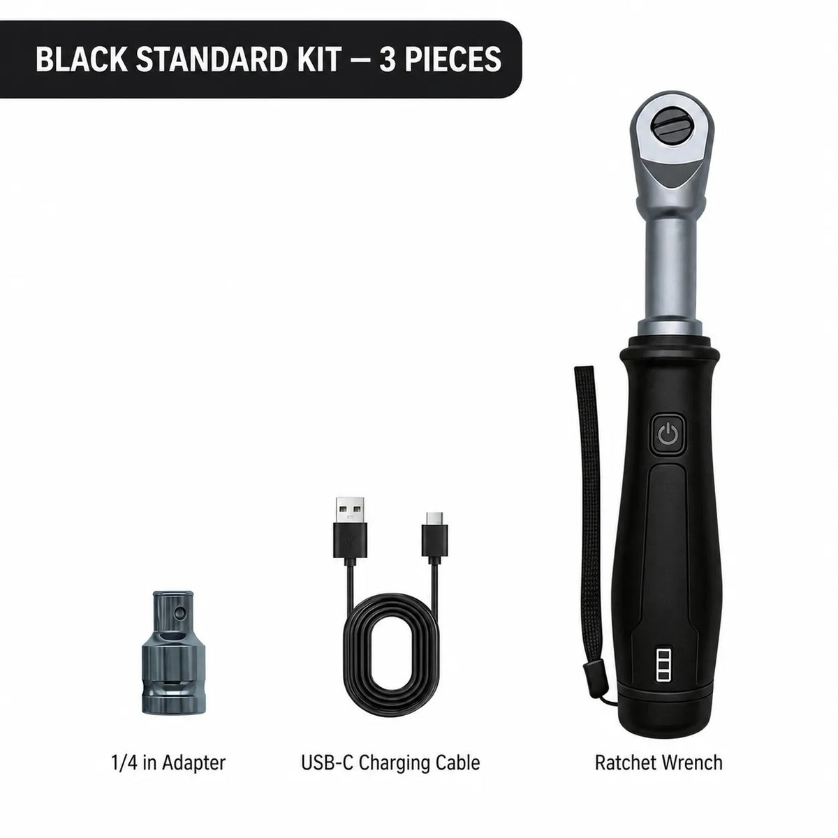 Black standard kit with ratchet wrench, adapter, and USB charging cable