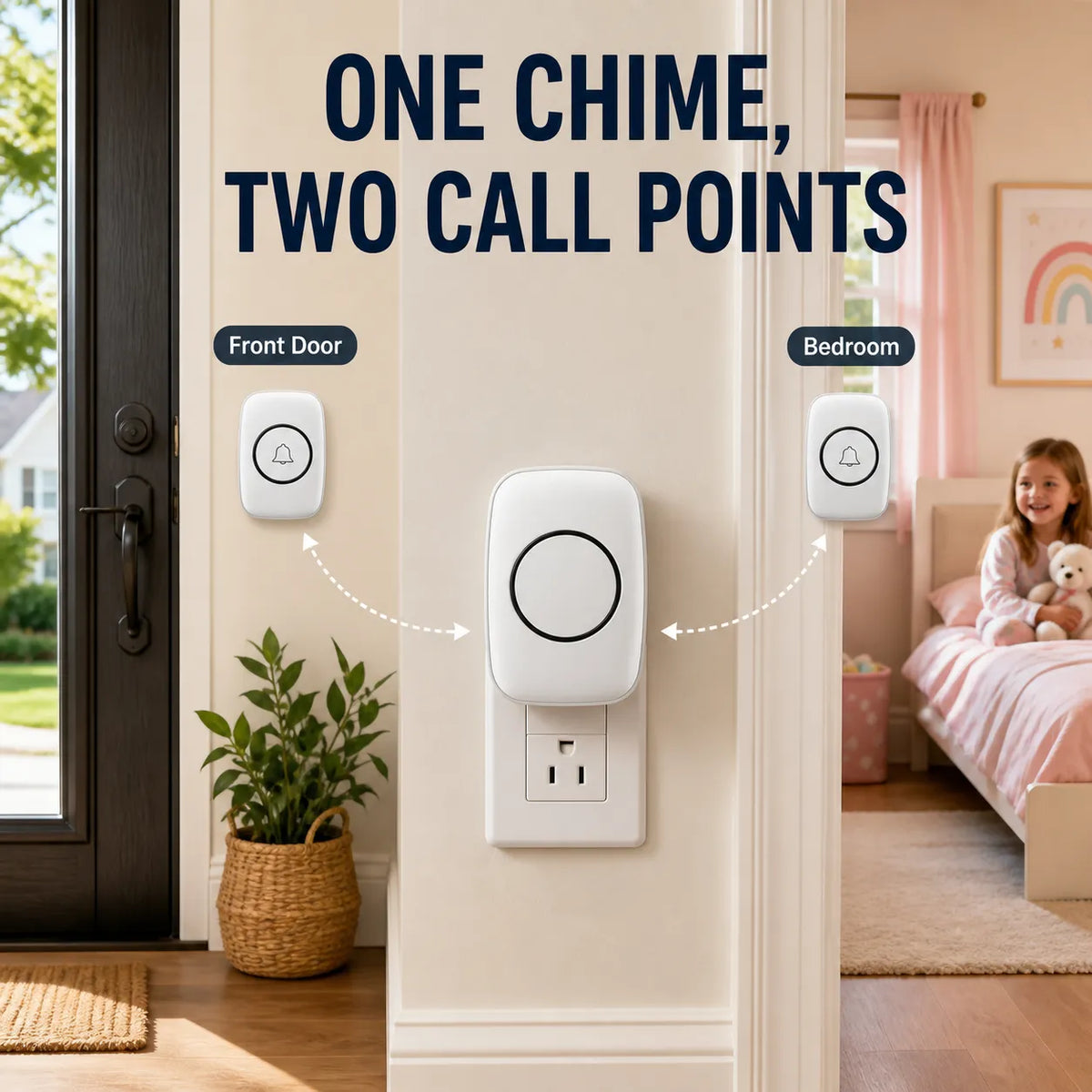 One plug-in receiver connected to two wireless call buttons