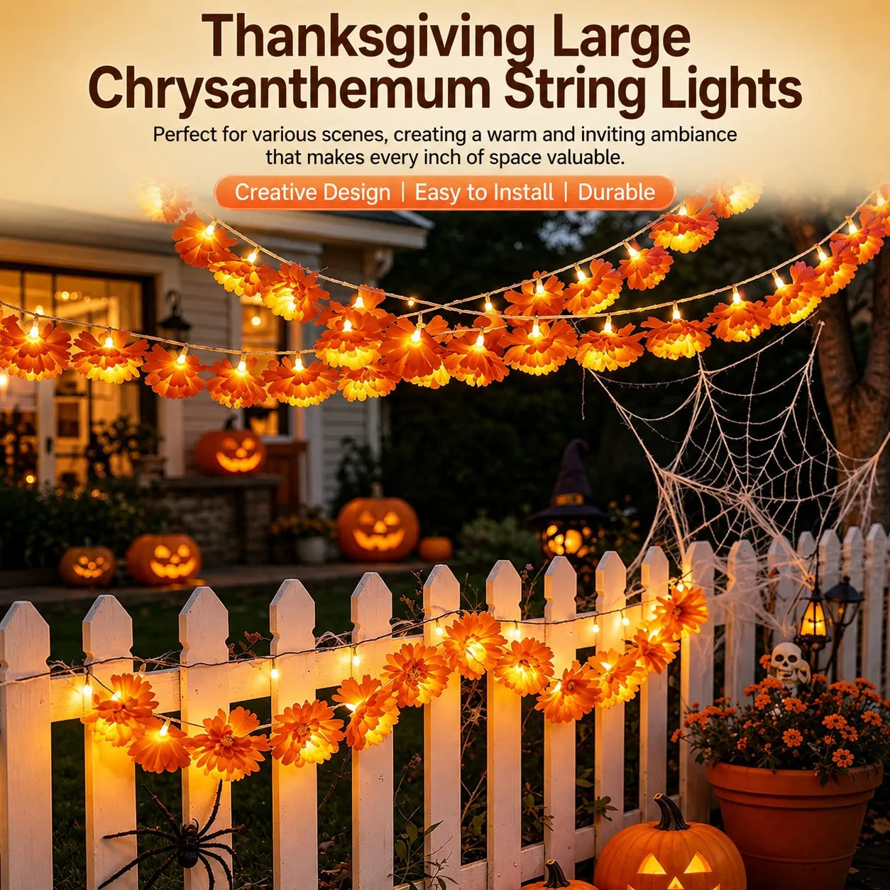 Lighted Marigold Flower String Lights - 10 ft, 20 Warm LEDs